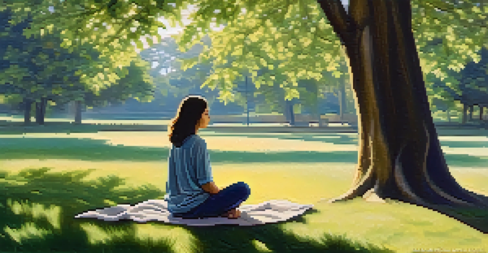 A person practicing mindfulness in a sunny park, sitting cross-legged on grass with trees around, looking peaceful and focused.