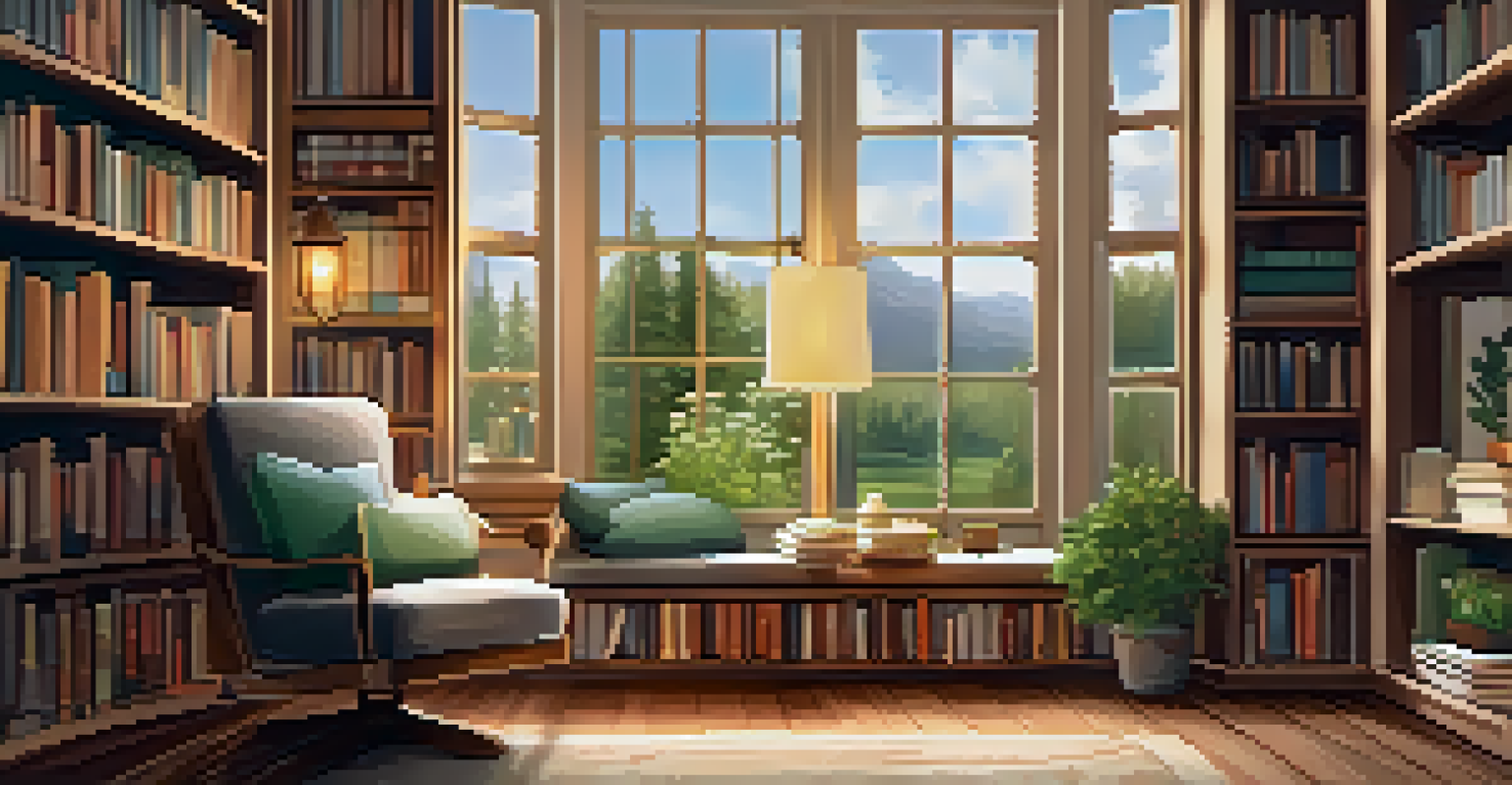 A cozy reading nook with an armchair, a cup of tea, and bookshelves, featuring a soft glow from a lamp and a garden view.