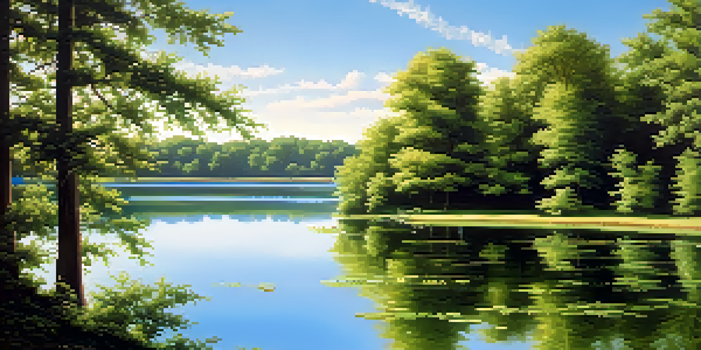 A tranquil lake surrounded by green trees with sunlight reflecting on the water, depicting a peaceful natural setting.