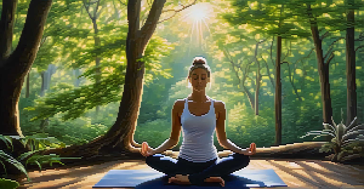 A person doing yoga outdoors in a serene natural environment with sunlight filtering through trees, symbolizing relaxation and mindfulness.
