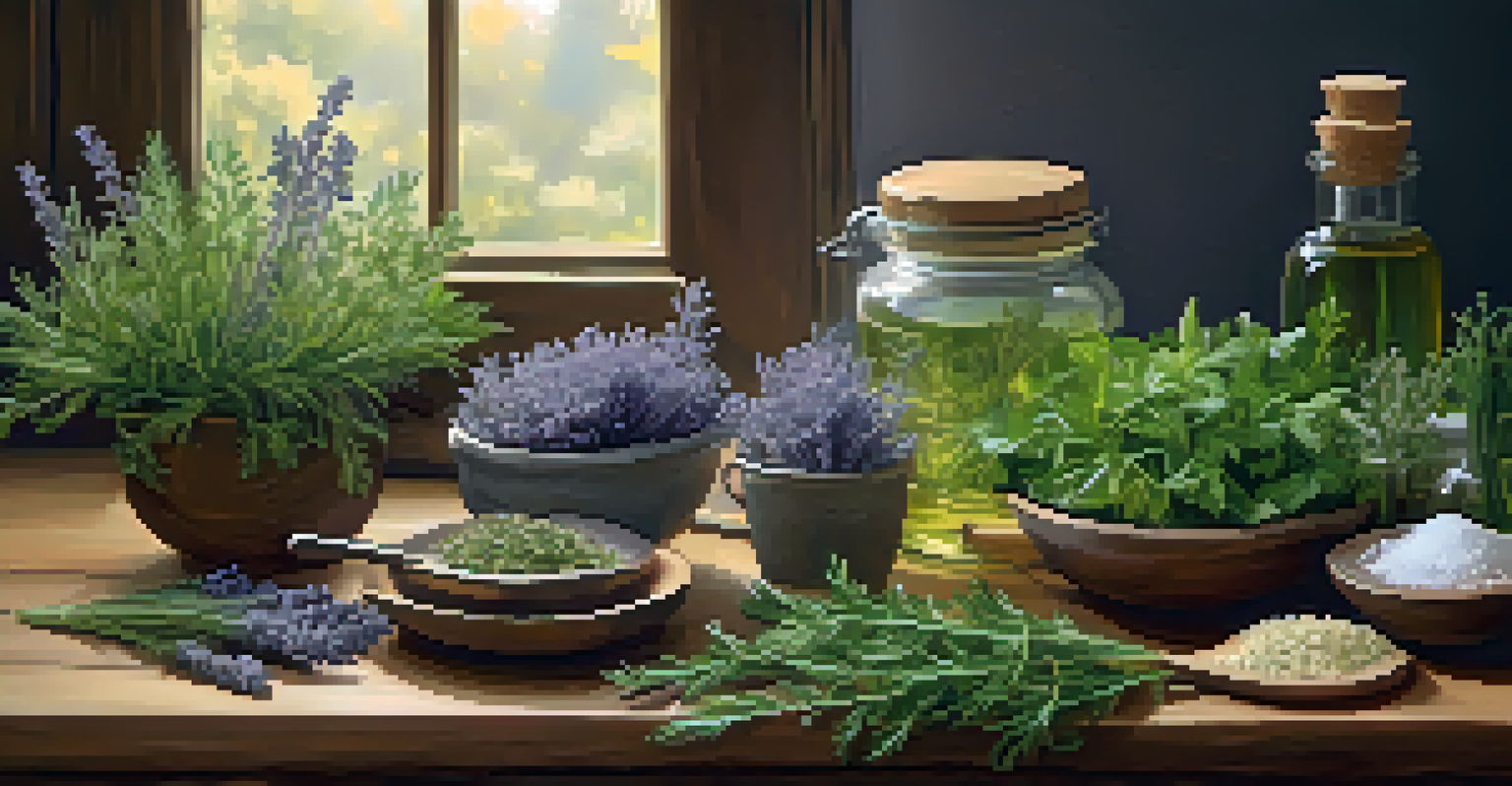 An assortment of herbs and natural remedies on a wooden table with a journal and a cup of tea.