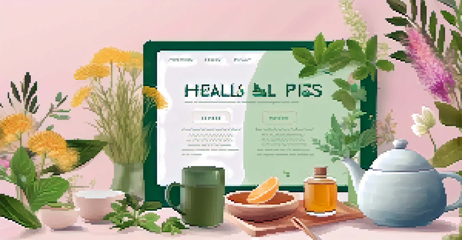 A colorful social media post featuring herbal remedies and wellness tips, with a cup of herbal tea in the background.