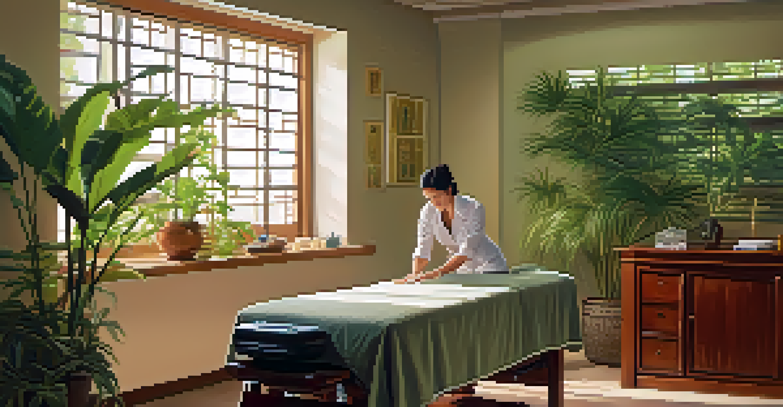 A tranquil office environment showing an acupuncturist treating a relaxed employee in a softly lit room filled with plants.
