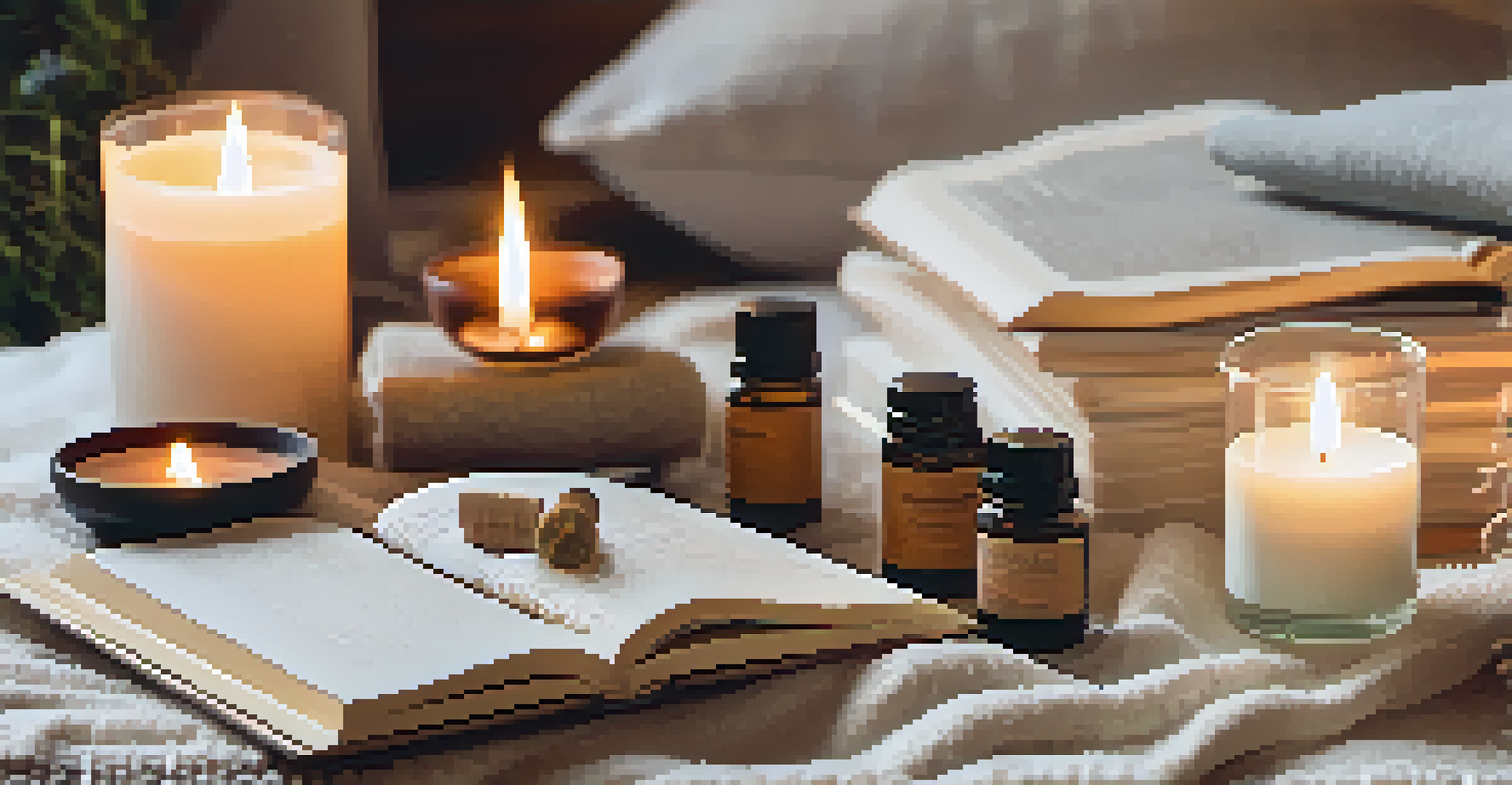 An arrangement of self-care items like candles and essential oils on a soft blanket, with warm candlelight creating a calming ambiance.