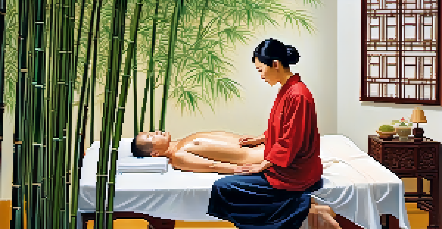 A practitioner performing acupuncture in a peaceful room adorned with bamboo plants and traditional Chinese art.