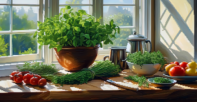 A bright kitchen with fresh herbs and colorful vegetables on a countertop, illuminated by sunlight.