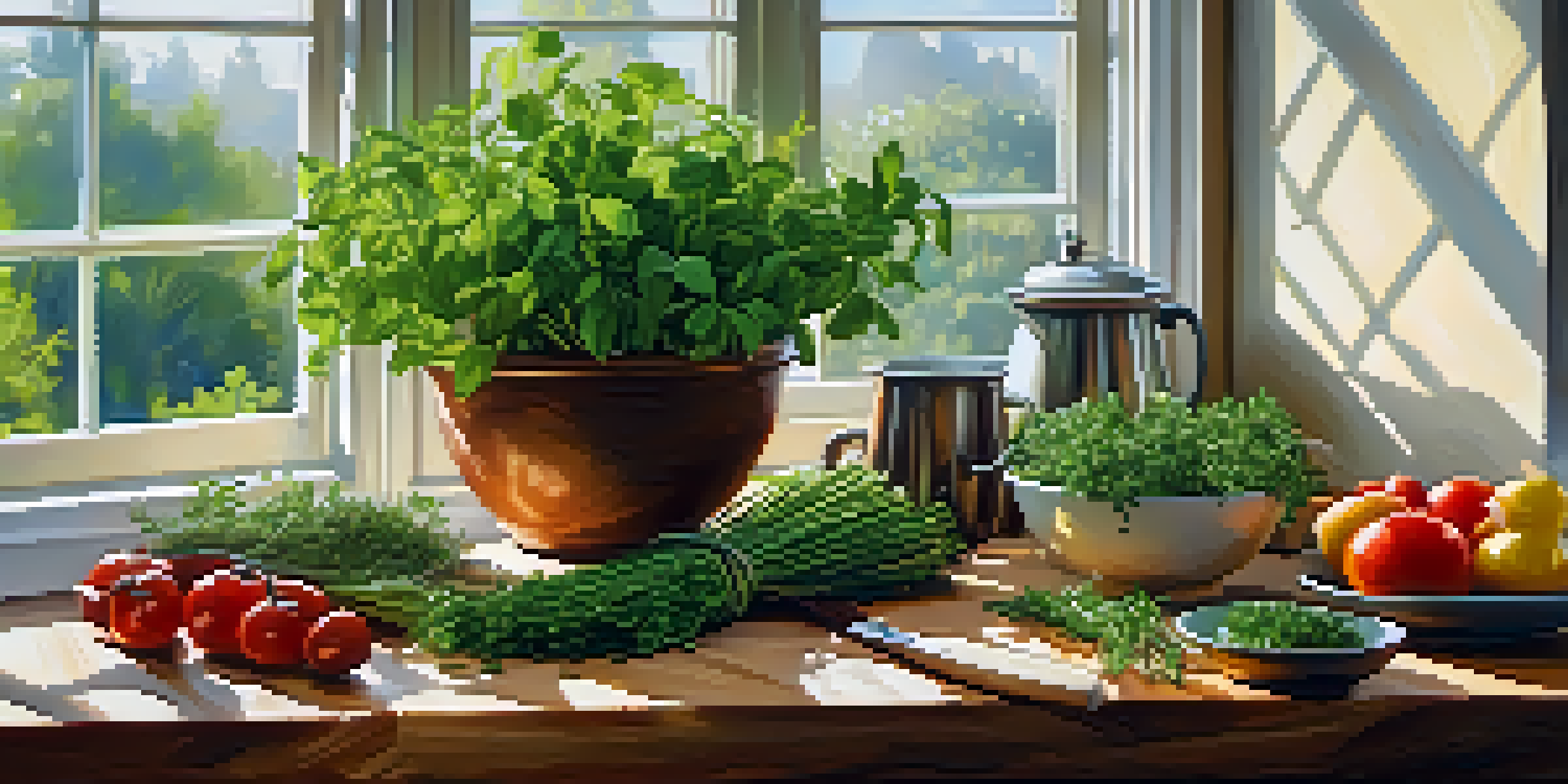 A bright kitchen with fresh herbs and colorful vegetables on a countertop, illuminated by sunlight.