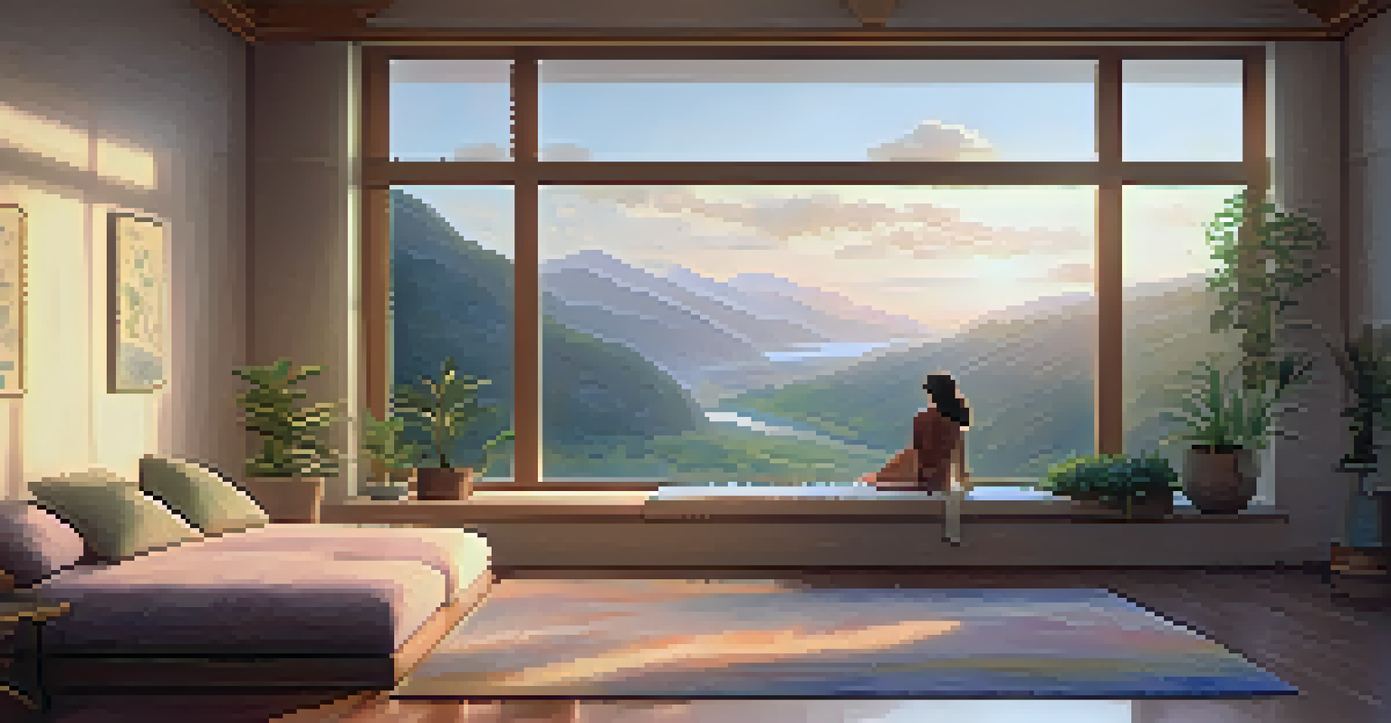 A cozy indoor space for guided imagery sessions with soft cushions and a serene landscape view.
