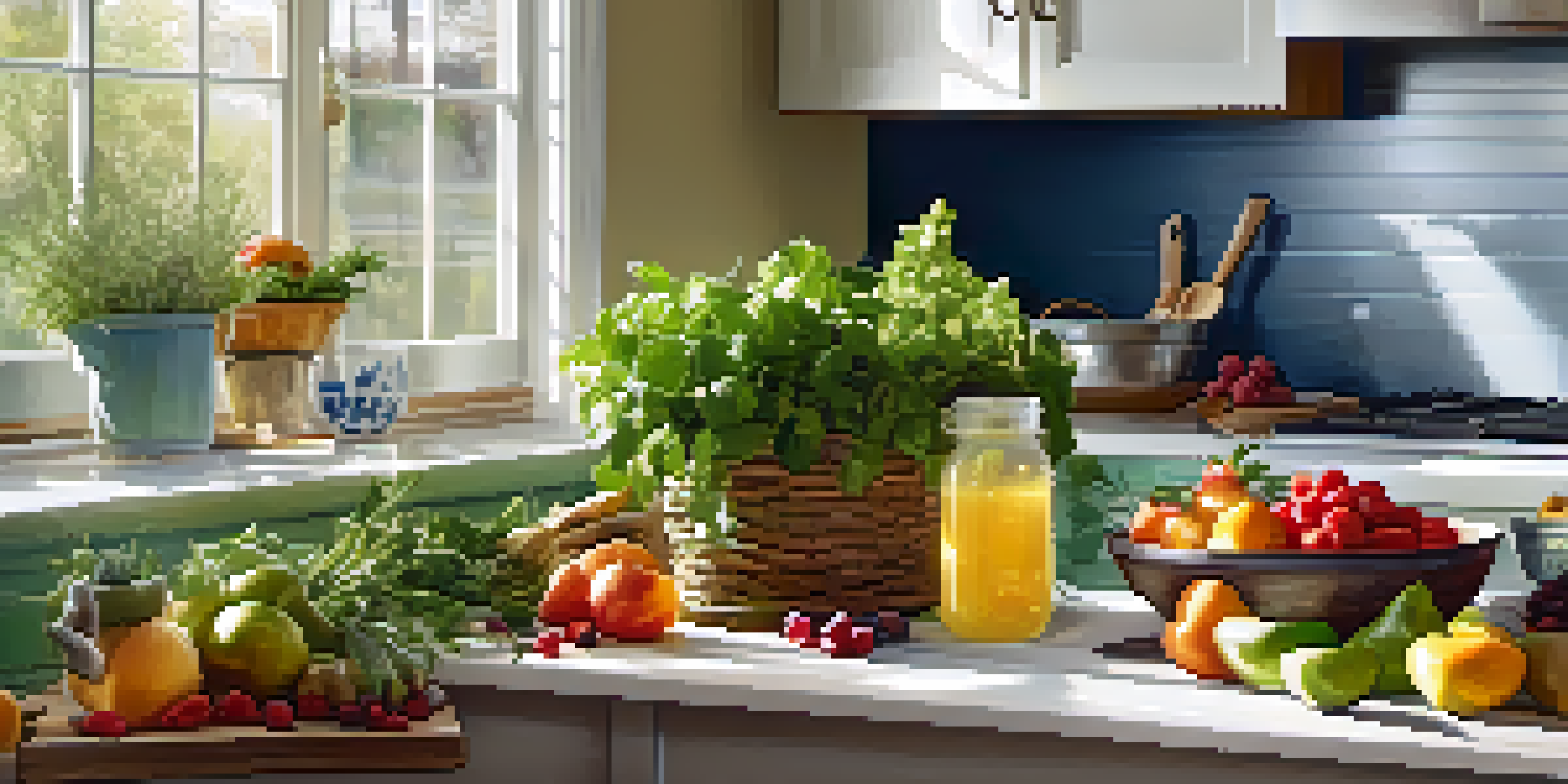 A bright kitchen featuring fresh fruits and vegetables on the countertop with sunlight illuminating the scene.
