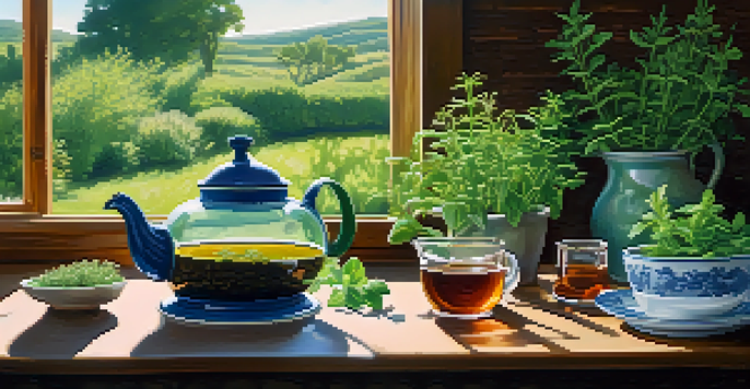 A lush herb garden with different herbs and a glass teapot brewing herbal tea in the foreground.