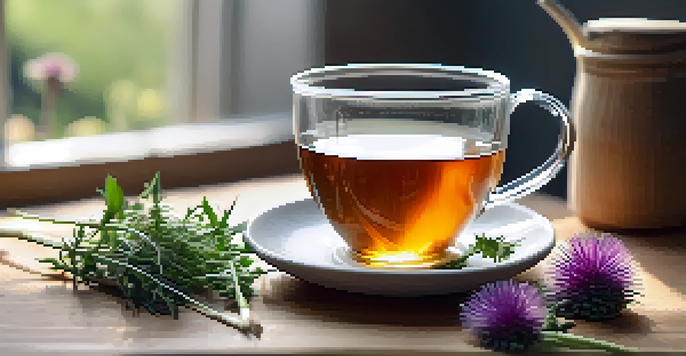 A wooden table with a clear glass cup of steaming herbal tea, fresh herbs like milk thistle and dandelion root scattered around, and plants in the background.