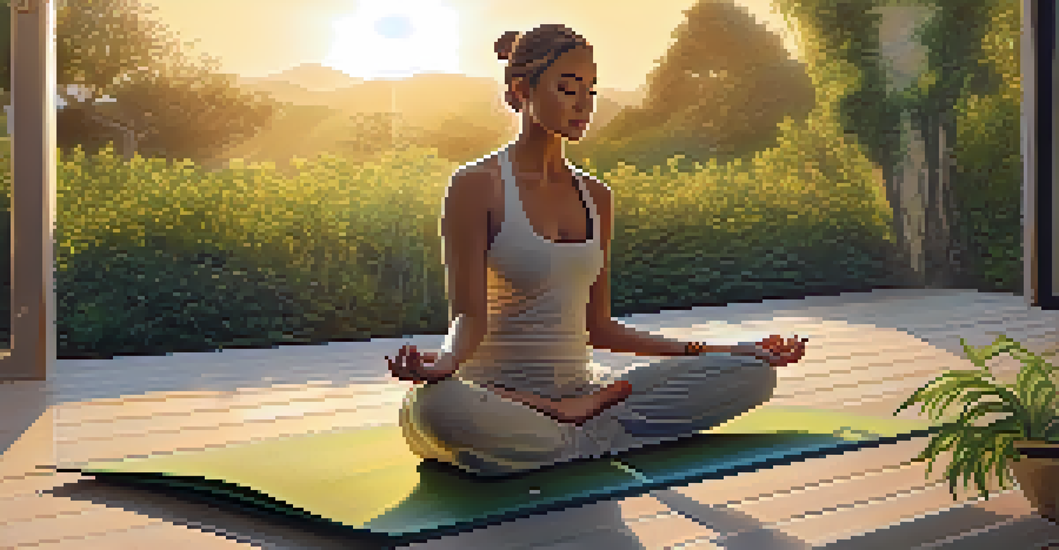 A person practicing yoga outdoors on a mat, surrounded by green plants and a sunset creating a tranquil atmosphere.