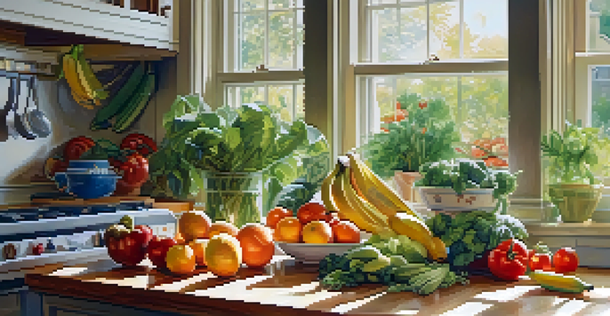 A bright kitchen with fresh fruits and vegetables on a wooden countertop, illuminated by sunlight.
