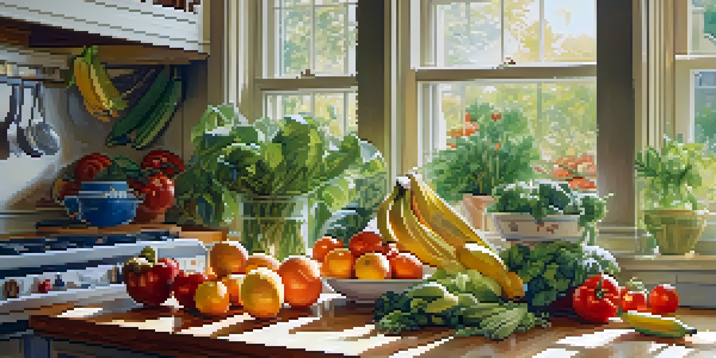 A bright kitchen with fresh fruits and vegetables on a wooden countertop, illuminated by sunlight.