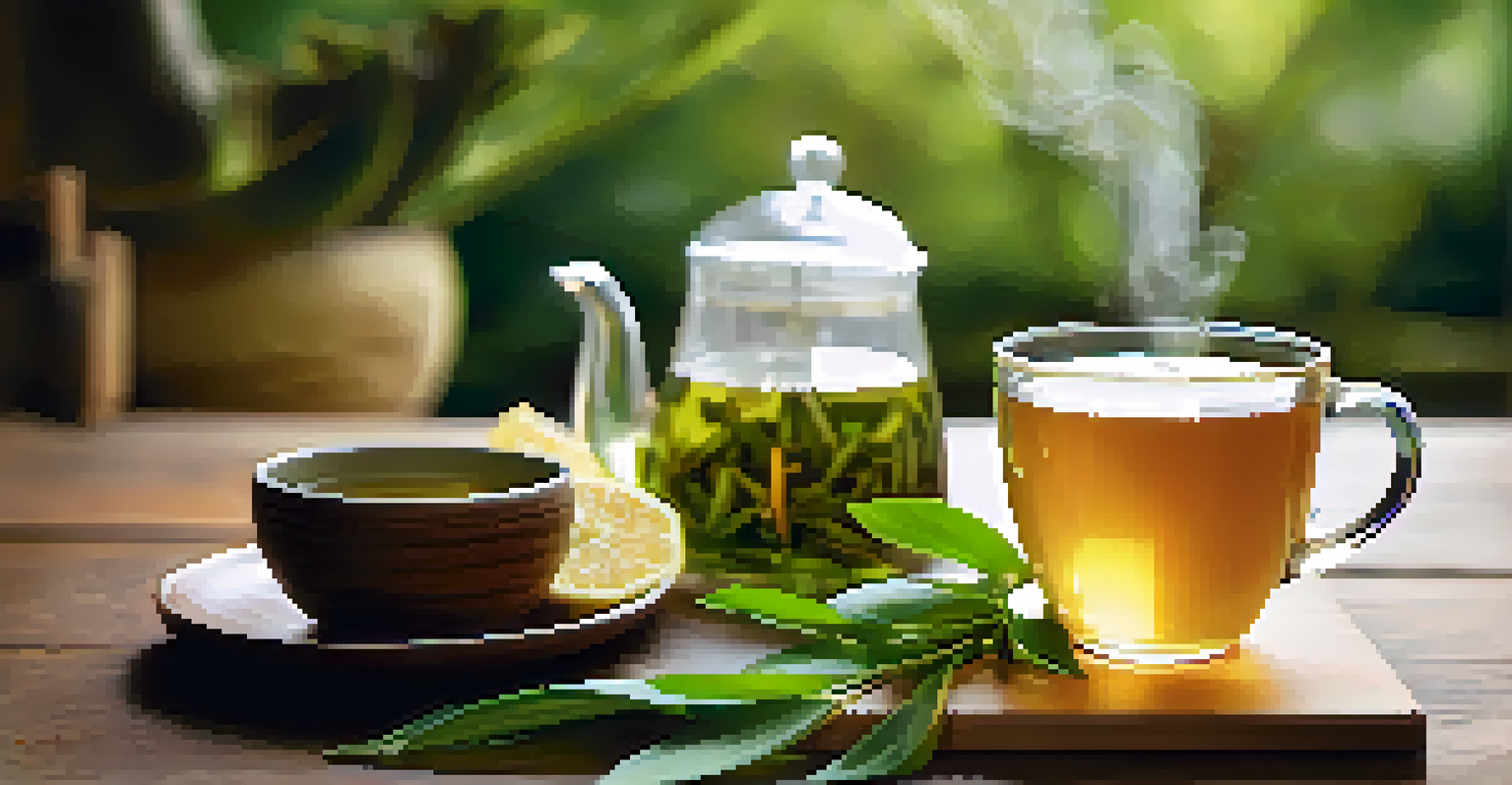 A cup of green tea with ginger and lemon slices on a wooden table in a calming setting.