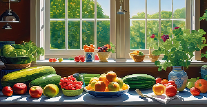 A warm and inviting kitchen with a wooden table displaying fresh fruits and vegetables, illuminated by sunlight.