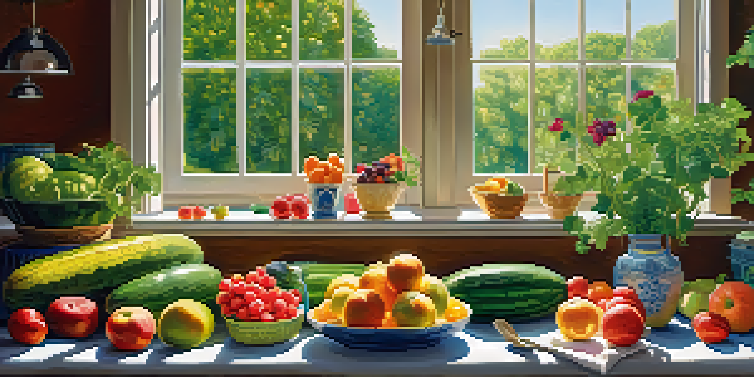 A warm and inviting kitchen with a wooden table displaying fresh fruits and vegetables, illuminated by sunlight.