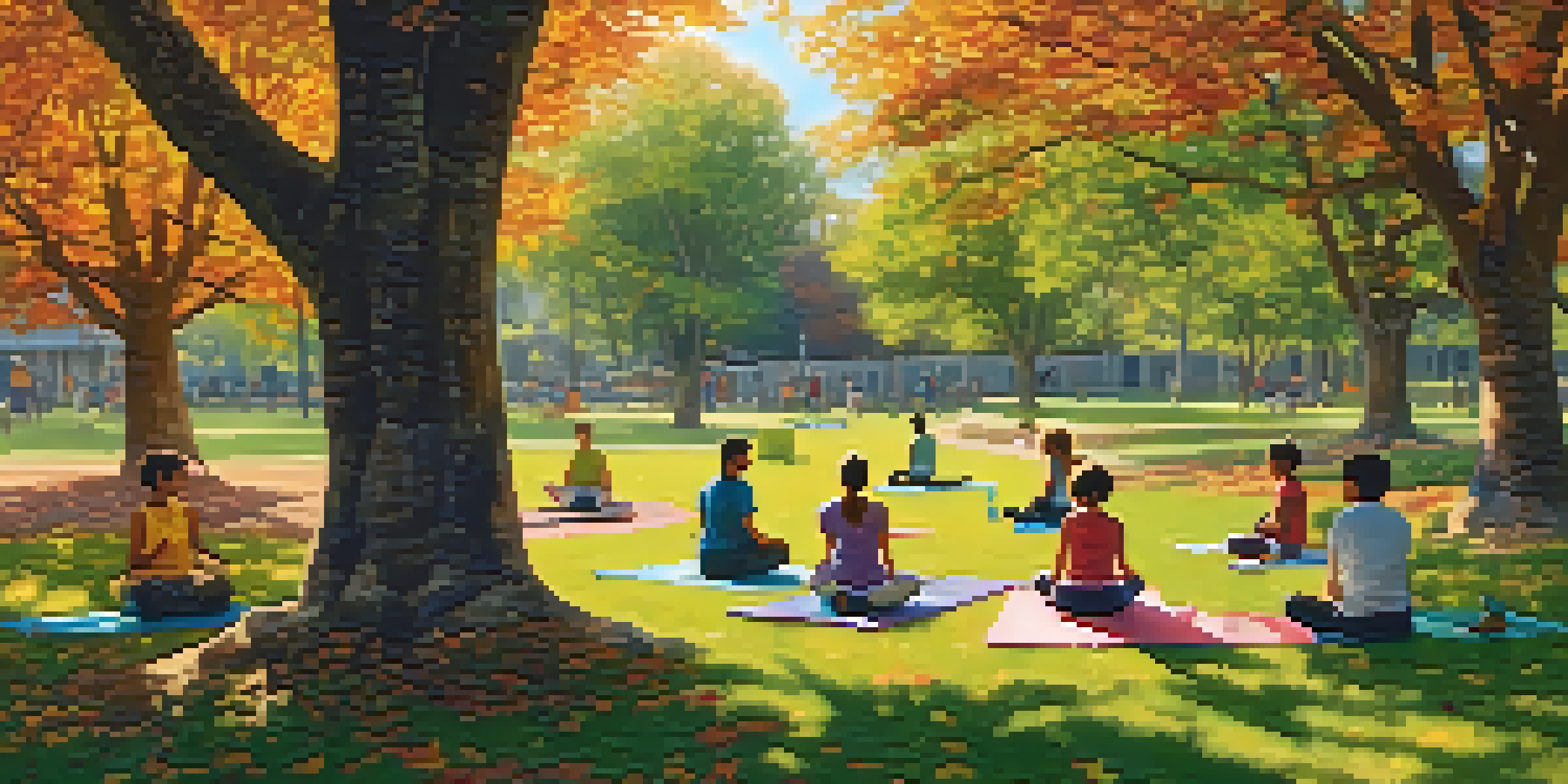 A diverse group of people practicing yoga, jogging, and playing frisbee in a beautiful park with autumn leaves and sunlight filtering through the trees.