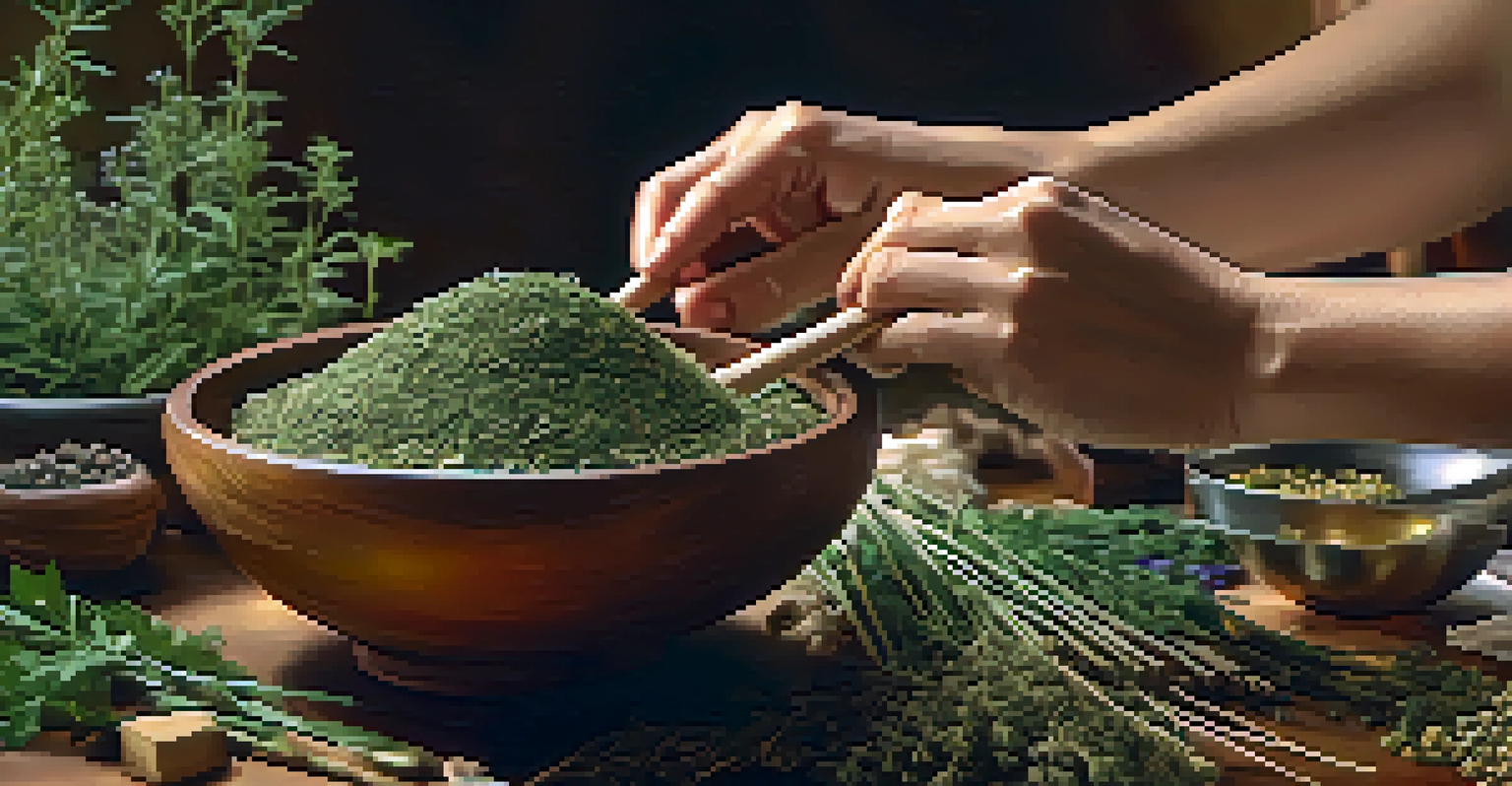 Close-up of hands mixing dried herbs in a bowl with colorful herbs in the background, captured in warm light.