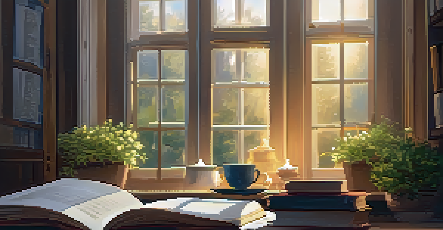A cozy reading nook by a window with a person reading a book, surrounded by pillows and a cup of tea.