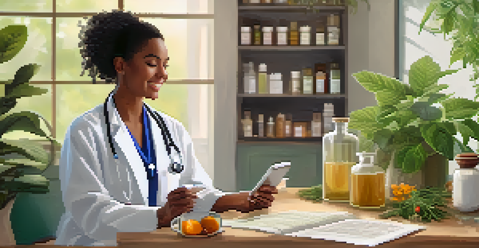 A naturopathic practitioner engaging with a patient on a tablet, surrounded by herbal remedies and wellness products in a warmly lit setting.