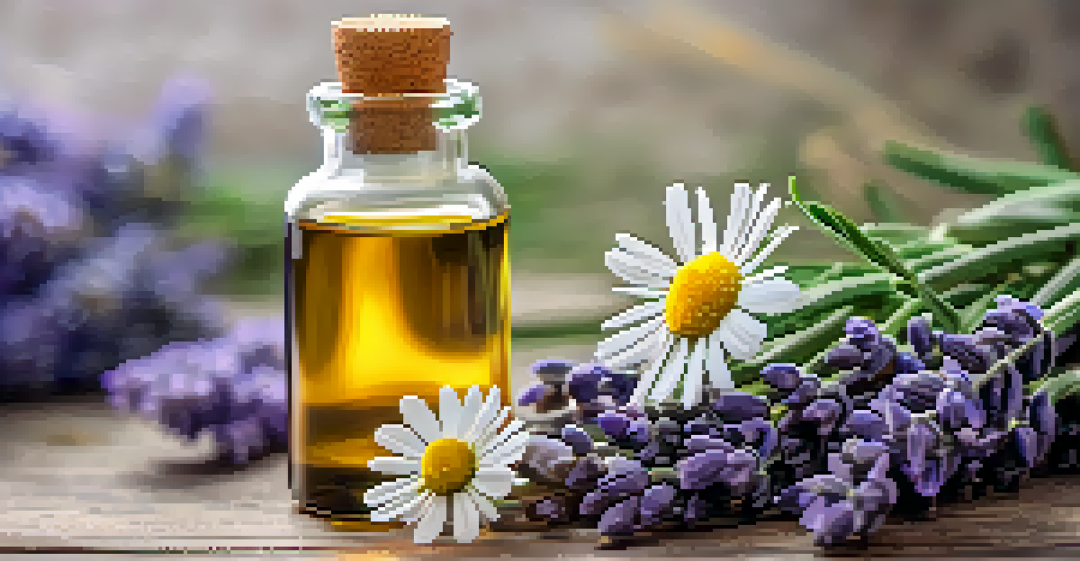 Close-up of essential oils in glass bottles surrounded by lavender and chamomile flowers, showcasing natural beauty and wellness.