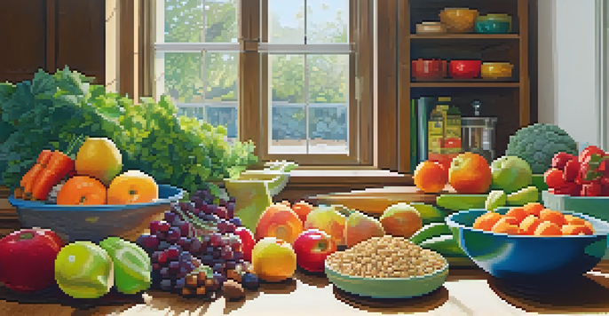 A bright kitchen with colorful whole foods like fruits, vegetables, and grains on a wooden countertop, with soft light coming through a window.