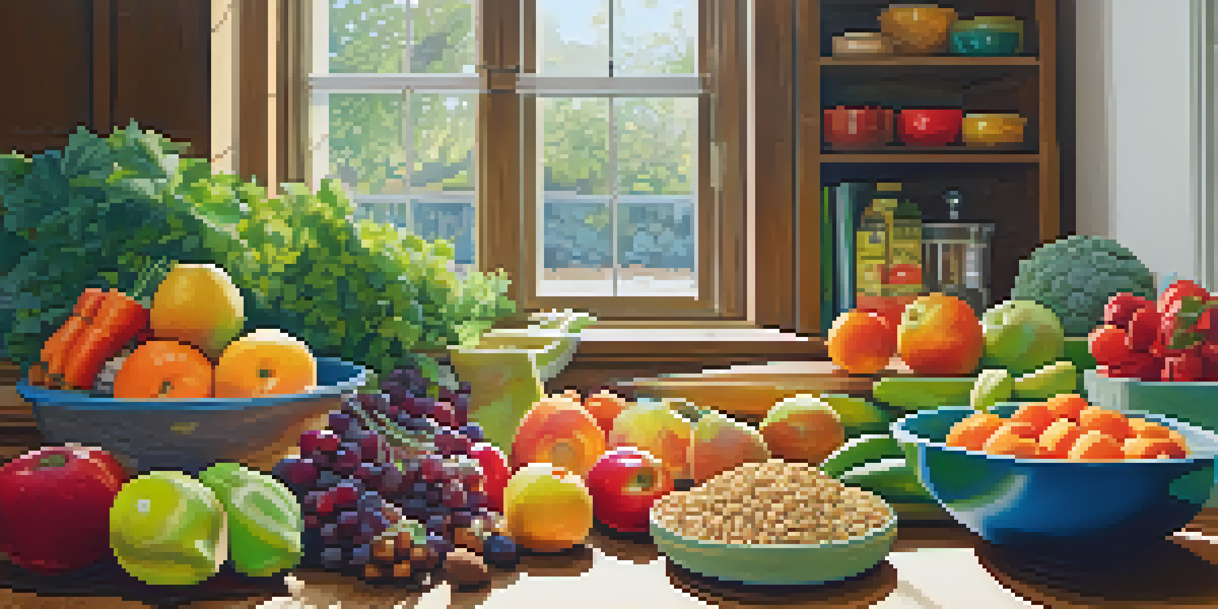 A bright kitchen with colorful whole foods like fruits, vegetables, and grains on a wooden countertop, with soft light coming through a window.