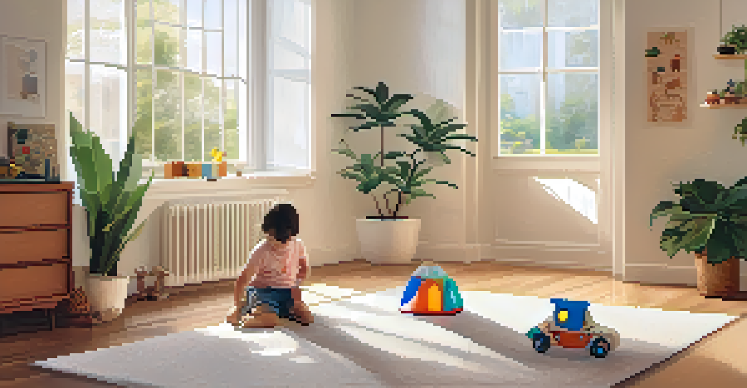 A tidy and serene home environment with a child playing and an air purifier present.