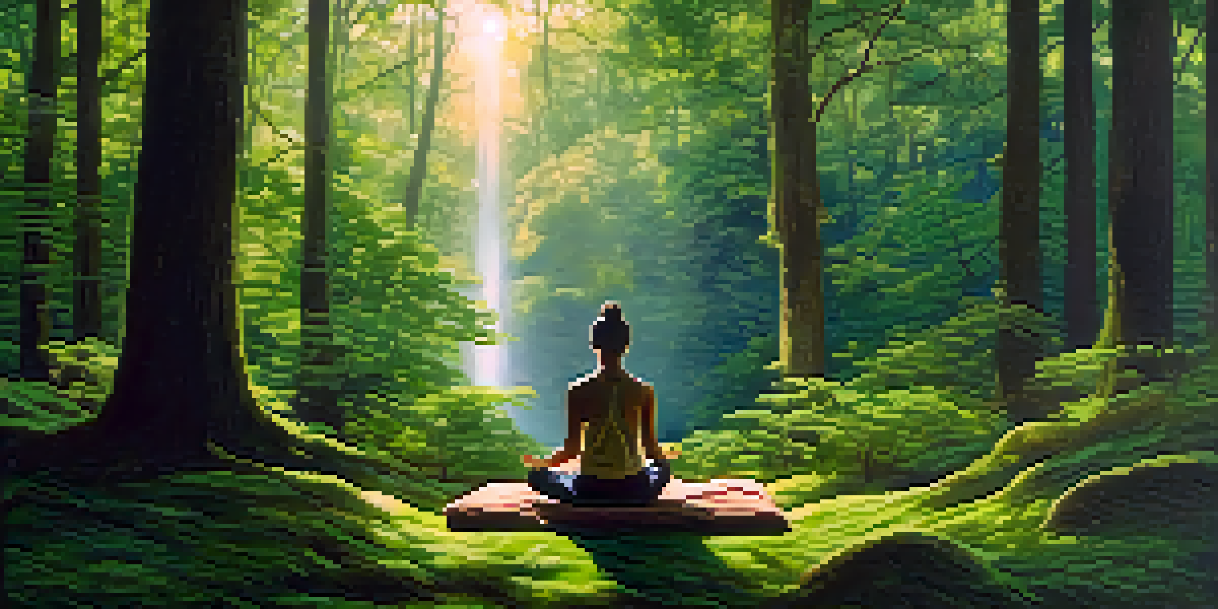 A person meditating in a green forest, surrounded by trees and soft sunlight.