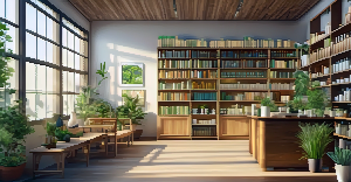 A calming interior of a naturopathic clinic, showcasing a practitioner talking to a patient amidst greenery and herbal remedies.