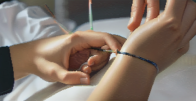 A close-up view of acupuncture needles being inserted into a woman's wrist, highlighting her calm demeanor.