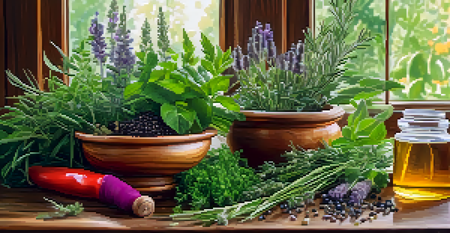 A detailed view of herbs and essential oils on a wooden table, showcasing vibrant colors and textures.