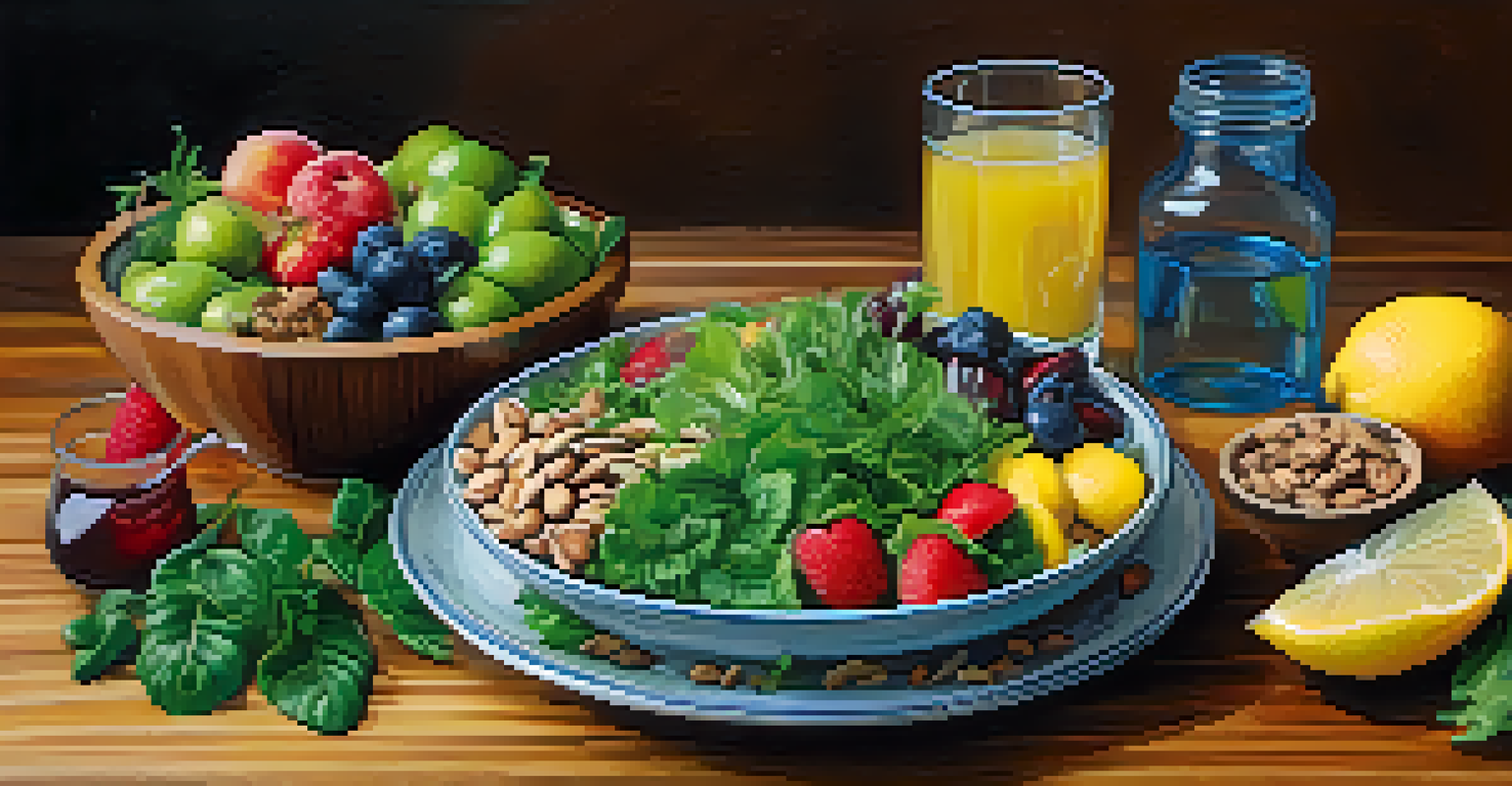 A colorful arrangement of fresh fruits, vegetables, and nuts on a wooden table, promoting a healthy naturopathic diet.