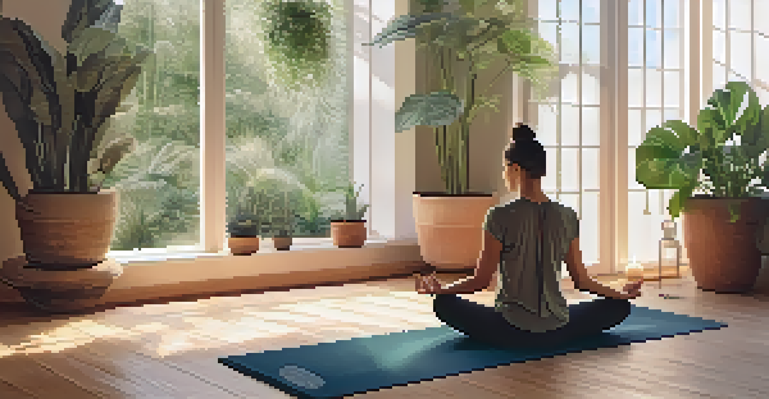 A cozy meditation space with a person practicing mindfulness surrounded by candles and plants.