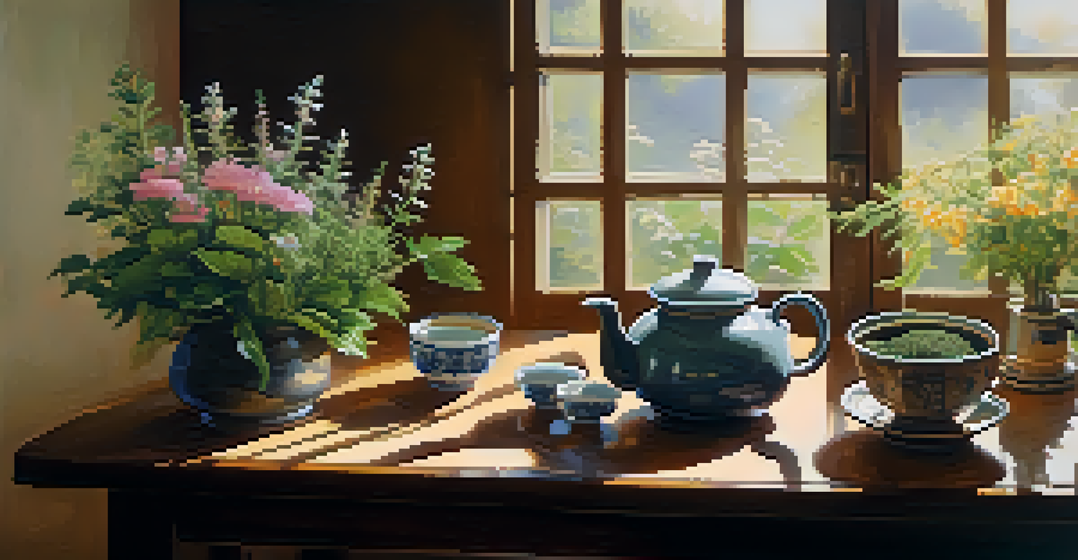 A wooden table set for an herbal tea ceremony with various herbs and tea cups.