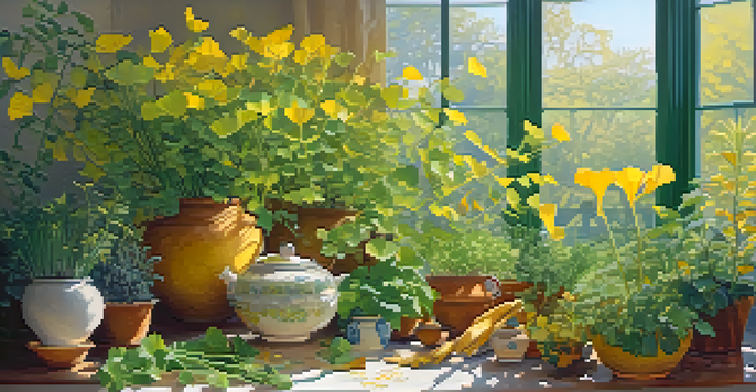 A peaceful herbal garden with Ginkgo biloba and turmeric plants, illuminated by soft morning light.