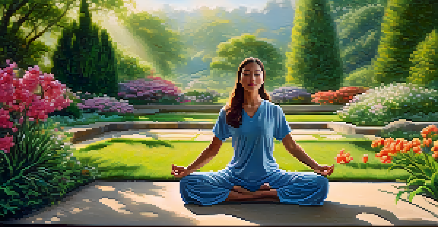 A tranquil garden with a person practicing Qigong, surrounded by colorful flowers and visualized energy waves.
