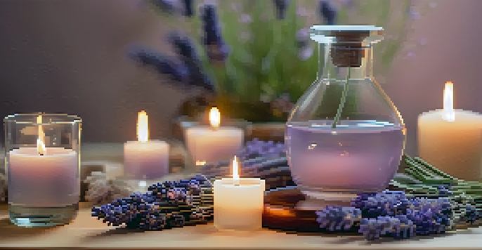 A wooden diffuser with lavender essential oil emitting steam, surrounded by fresh lavender flowers and soft candles in a pastel-colored background.