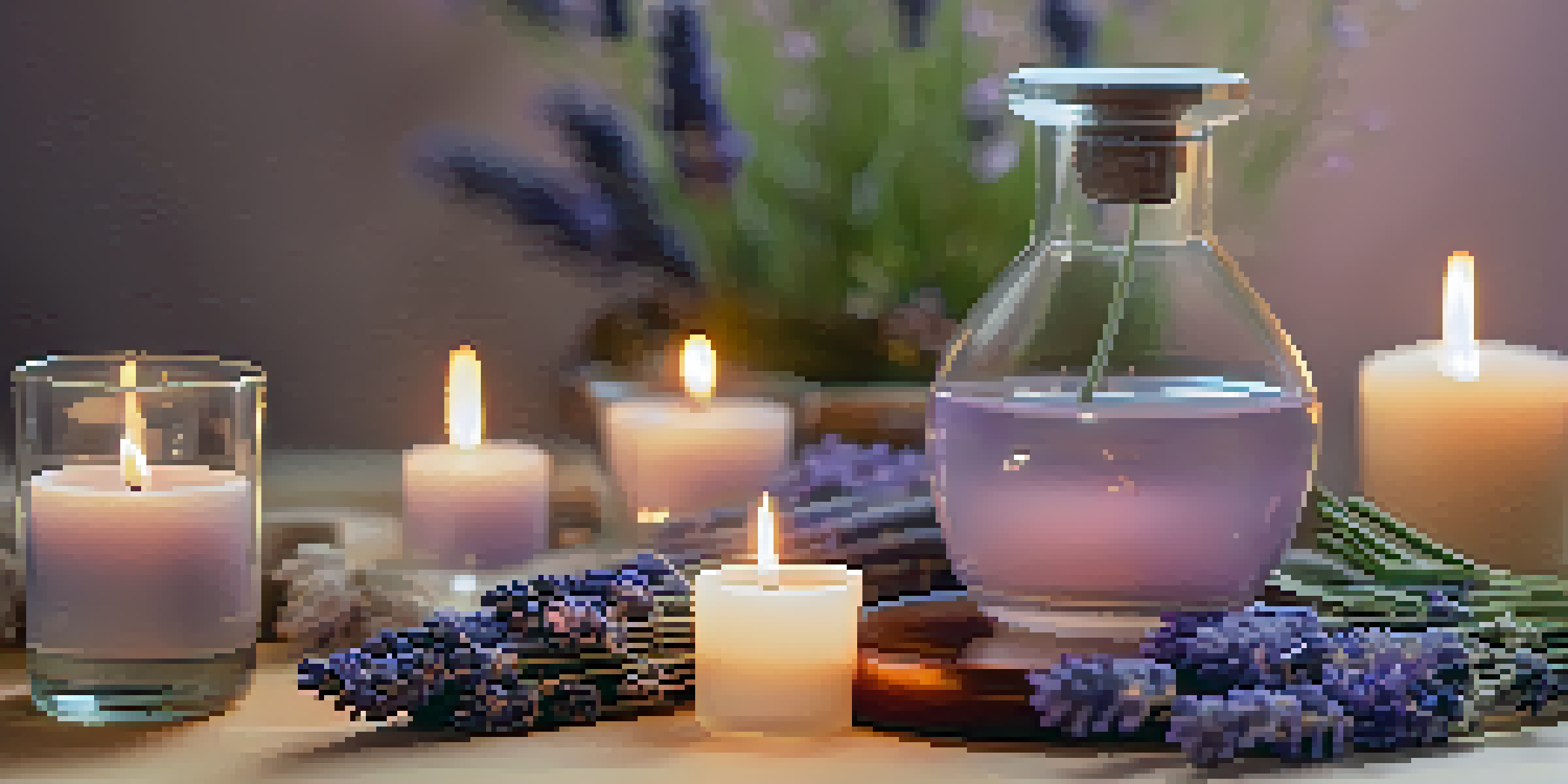A wooden diffuser with lavender essential oil emitting steam, surrounded by fresh lavender flowers and soft candles in a pastel-colored background.