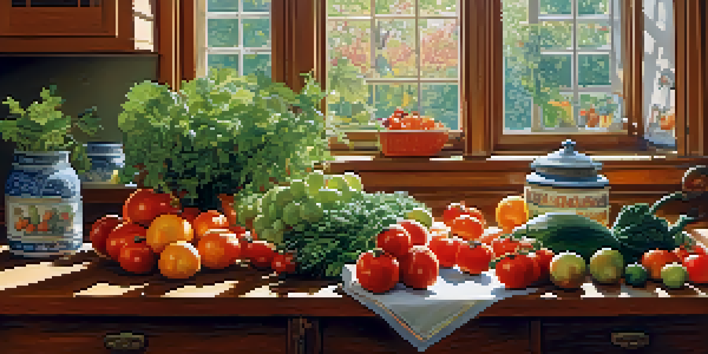 A bright kitchen with a wooden table full of colorful fruits and vegetables, illuminated by sunlight coming through a window.