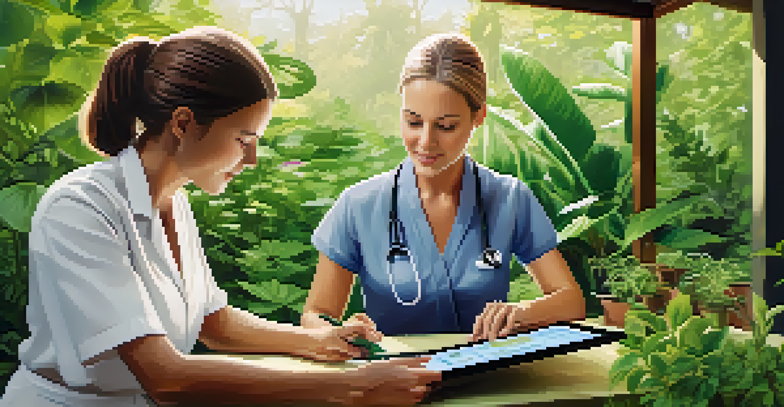 A naturopathic practitioner consulting a client in a garden, pointing to a chart on a tablet, surrounded by herbs and plants.