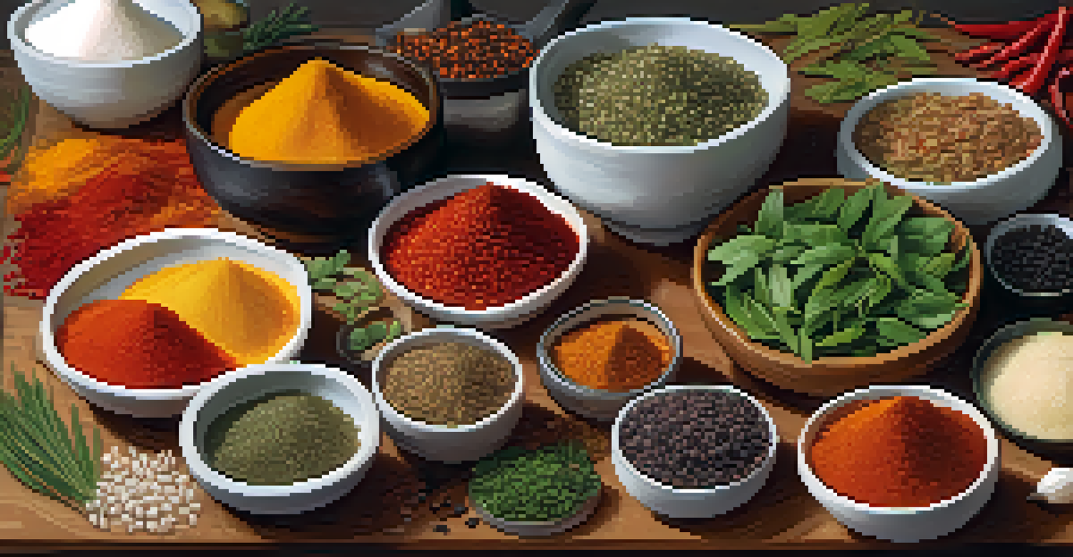 A wooden cutting board with various spices, herbs, and fresh ingredients arranged for a healthy meal, illuminated by natural light.