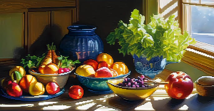 A warm kitchen with a wooden table filled with fresh organic fruits and vegetables, sunlight illuminating the scene, and a journal next to a colorful salad.