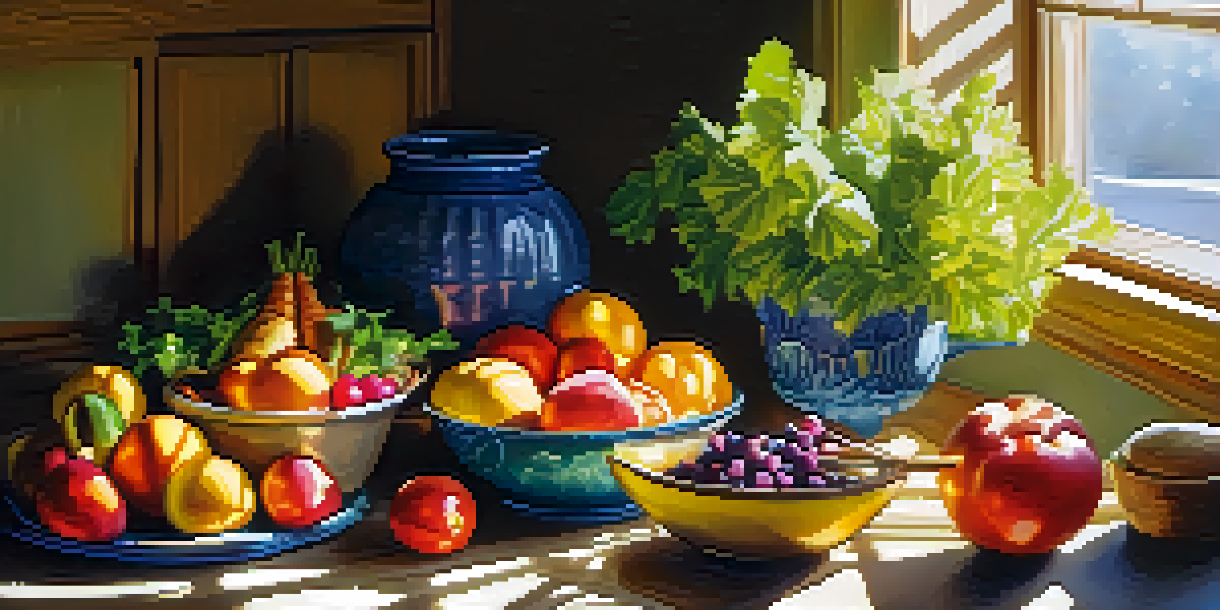 A warm kitchen with a wooden table filled with fresh organic fruits and vegetables, sunlight illuminating the scene, and a journal next to a colorful salad.