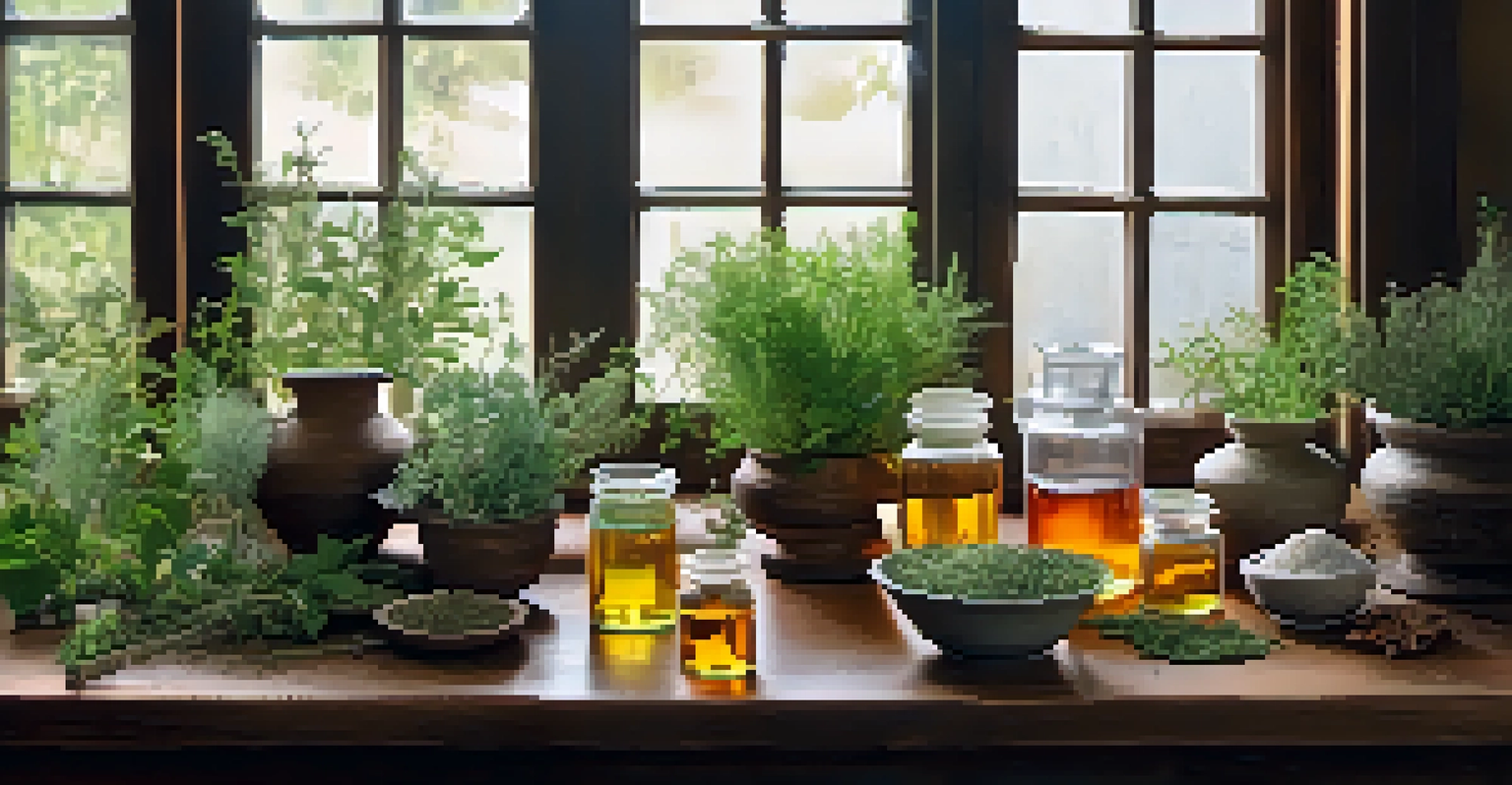 An artistic arrangement of dried herbs, fresh herbs in pots, and a mortar and pestle on a wooden surface.