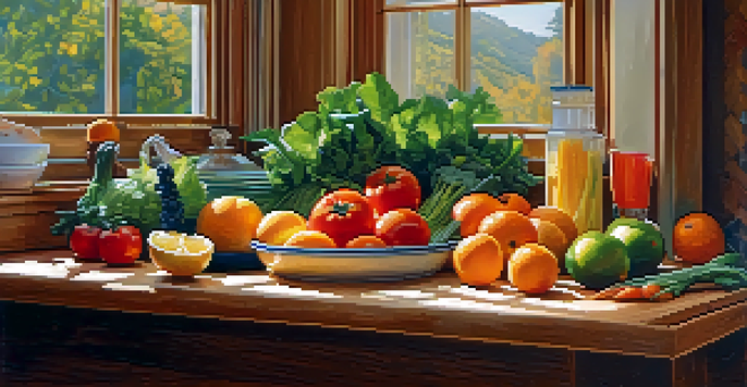 A bright kitchen filled with fresh fruits and vegetables on a countertop, with sunlight illuminating the scene and a glass of water in the background.