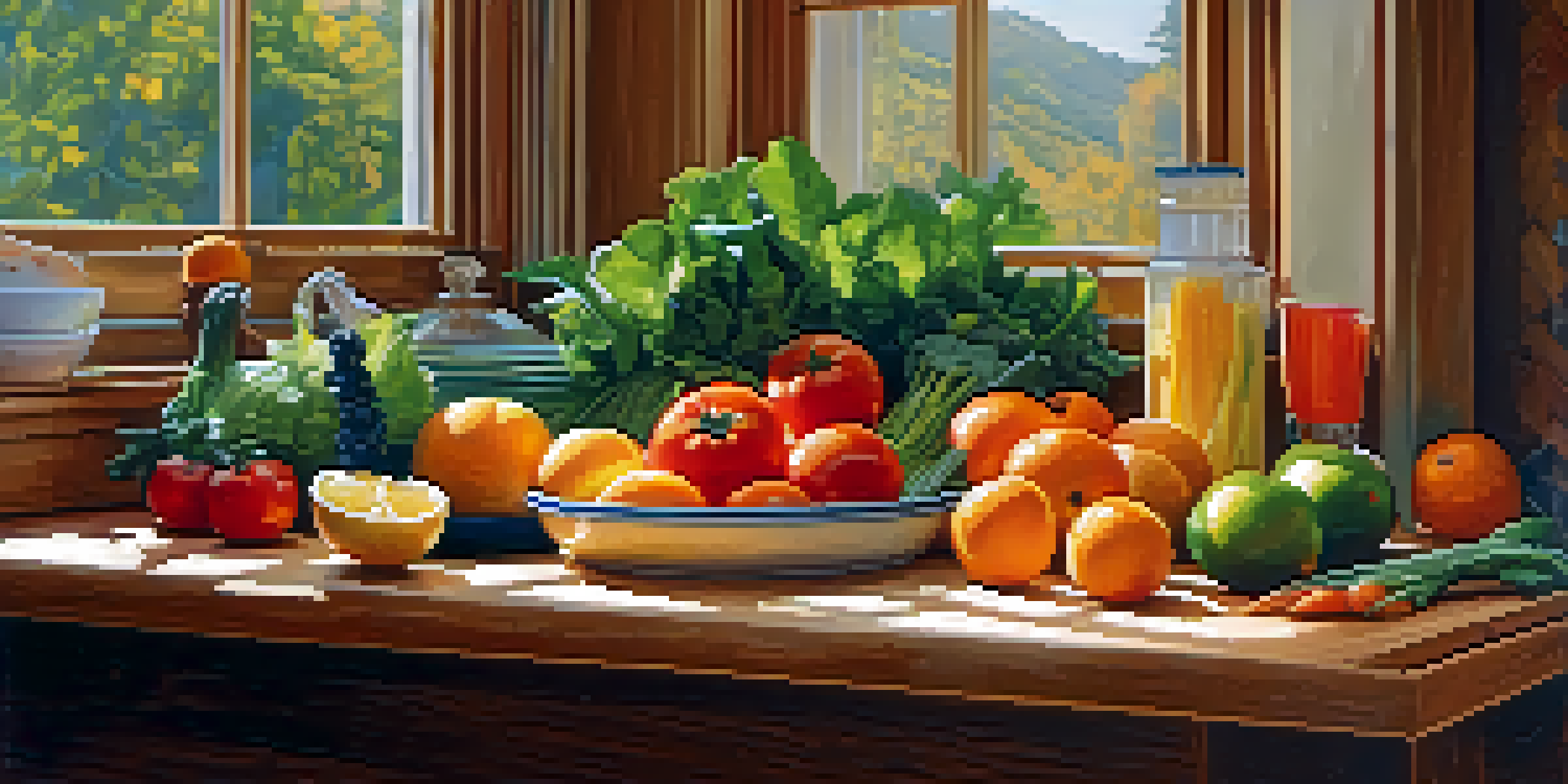A bright kitchen filled with fresh fruits and vegetables on a countertop, with sunlight illuminating the scene and a glass of water in the background.