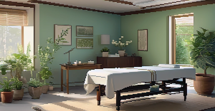 A peaceful acupuncture treatment room with a practitioner placing needles on a relaxed patient.