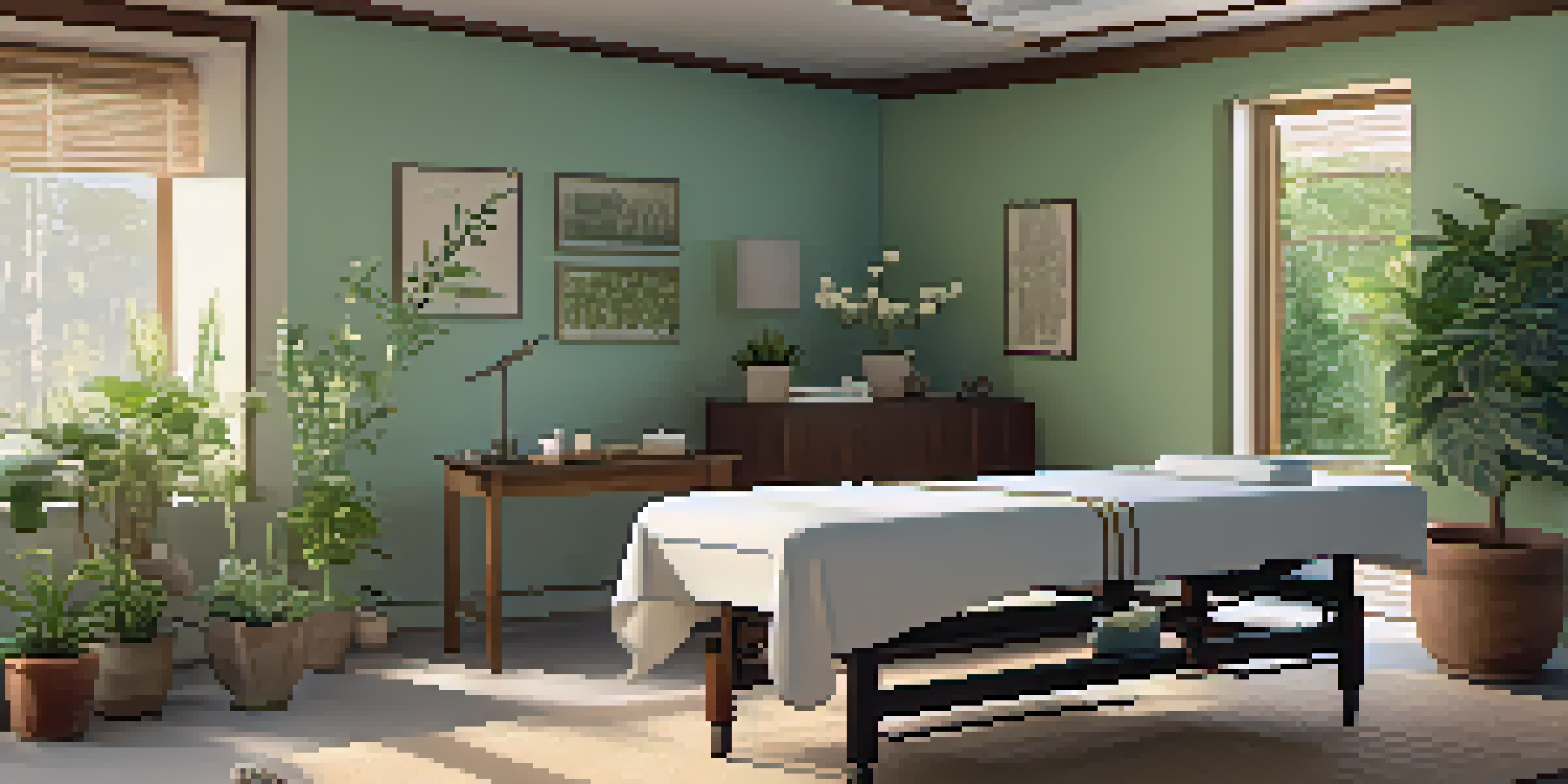 A peaceful acupuncture treatment room with a practitioner placing needles on a relaxed patient.